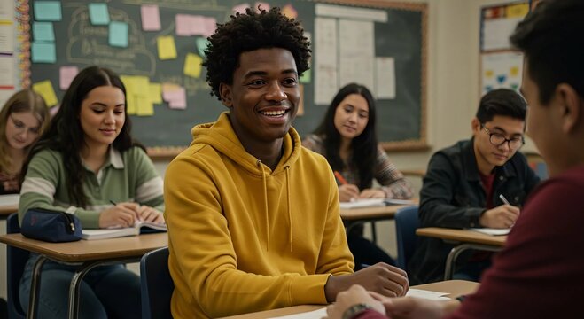 realistic Multi ethnic teenager students taking exam at High School Technical preparation course for University. Creative Banner. Copyspace image