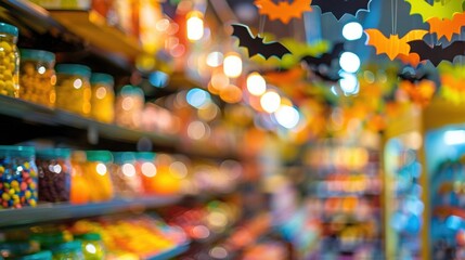 Blurred candy store with Halloween decorations, bat-shaped paper cutouts hanging from the ceiling, and colorful shelves filled with jars of candies. 