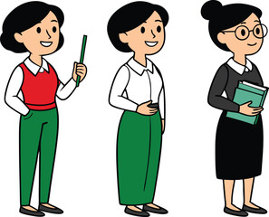 Three cartoon women in professional attire one holding a pointer stick another with hands on hips and the third holding books isolated on transparent background