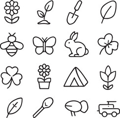 Obraz premium Spring Season Vector Icon Set Adjustable Line Weight Flower, plant, gardening, nature, picnic, bee, butterfly, bunny, leaf, clover, growth, camp, bloom icons 
