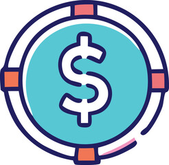 Stylized circular graphic featuring a prominent white dollar sign against a bright turquoise background with blue and coral accents