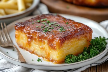 Deliciously Baked Potato Dish with Crispy Top and Fresh Herbs