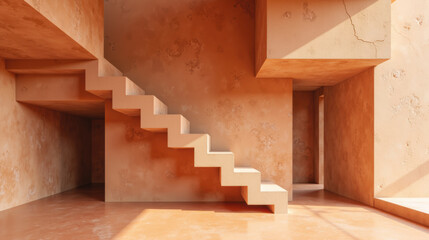 Modern interior design, minimalist architecture, warm tones, textured walls, geometric shapes, natural light create serene atmosphere