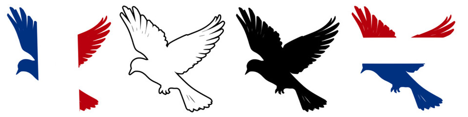 Obraz premium French Bastille Day Silhouette - Patriotic Pigeon Flying with Tricolor Flag Design, Blue, White, and Red - Vector Illustration for July National Independence Celebration.