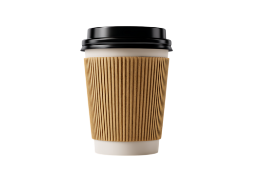 Disposable coffee cup with cardboard sleeve.