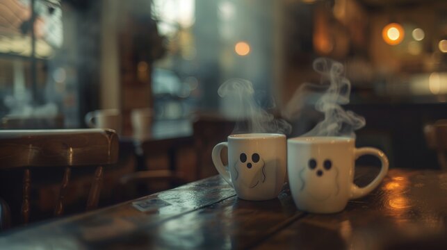 two white mugs with cute cartoon faces on them, sitting side by side at an empty table in cafe. The steam from the coffee is floating above each mug. 