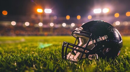American football helmet lying on green field with cleat marks, ready for next play. Sports equipment, athletic competition, team spirit and determination in professional game.