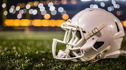 American football helmet lying on green field with cleat marks, ready for next play. Sports equipment, athletic competition, team spirit and determination in professional game.
