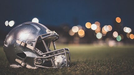American football helmet lying on green field with cleat marks, ready for next play. Sports equipment, athletic competition, team spirit and determination in professional game.