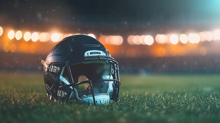 American football helmet lying on green field with cleat marks, ready for next play. Sports equipment, athletic competition, team spirit and determination in professional game.
