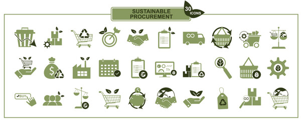 Sustainable procurement icon set. Collection of 30 green environmental and business icons including recycling, energy, supply chain, factory, shopping cart. Green purchasing. Vector illustration