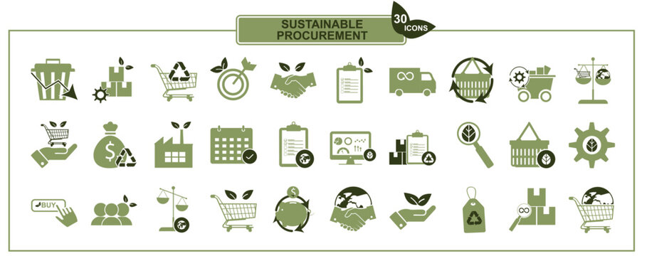 Sustainable procurement icon set. Collection of 30 green environmental and business icons including recycling, energy, supply chain, factory, shopping cart. Green purchasing. Vector illustration
