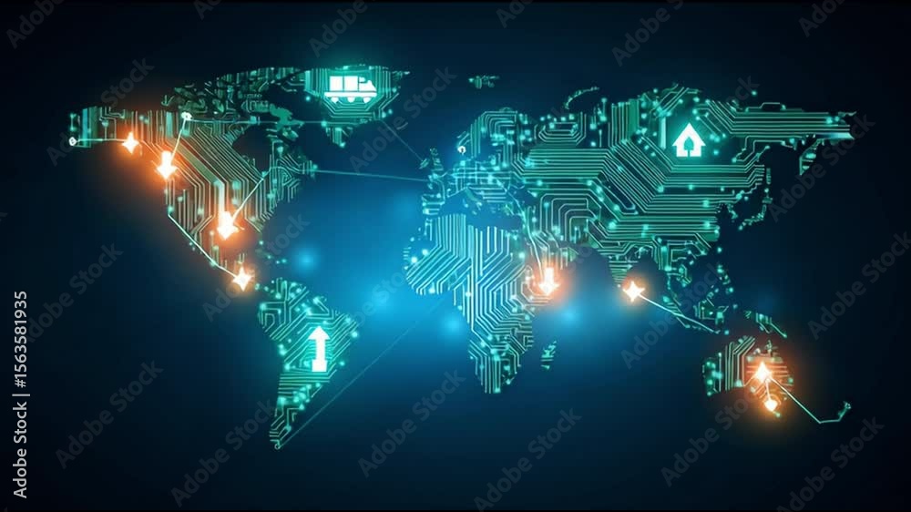 Poster glowing digital world map with circuit board patterns highlighting technology, connectivity, data fl