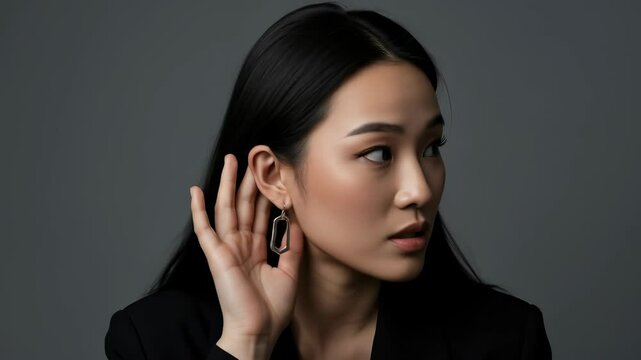 Intrigued Asian woman in black blazer listening closely with hand cupped to ear, trying to catch a whisper on gray background