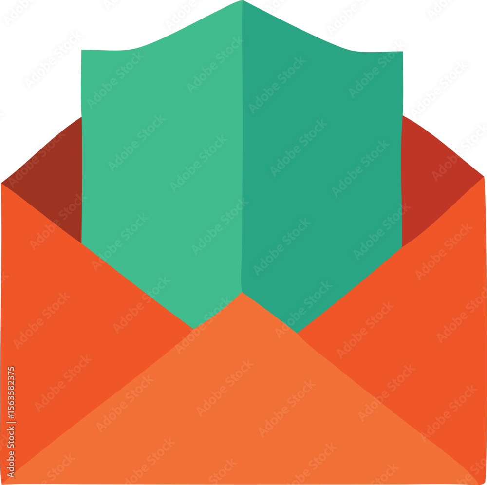 Poster an open orange envelope reveals a protective teal shield with horizontal lines symbolizing secure co