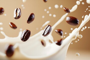 Fototapeta premium Flying coffee beans and milk splash on vibrant gray background for energetic beverage concept, caffeine boost, or abstract food art