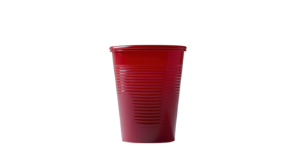 Bright red cup stands alone on a clean white background, showcasing simplicity with its smooth curves and vibrant hue in a contemporary design on transparent background