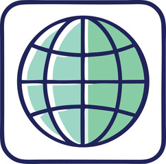 Stylized globe icon with dark blue outlines and alternating light green and white segments representing continents and oceans