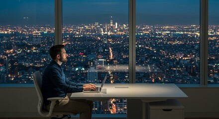 Night City Skyline View: A lone worker focuses on his laptop, enjoying a breathtaking panorama of city lights from his high-rise office.