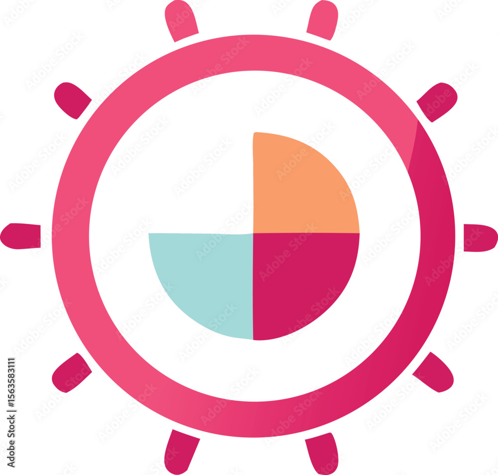 Poster abstract circular graphic with pie chart segments and outer spokes representing data or progress