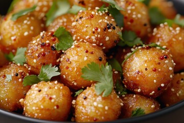Fototapeta premium Crispy Golden Snack Balls Garnished with Fresh Green Herbs