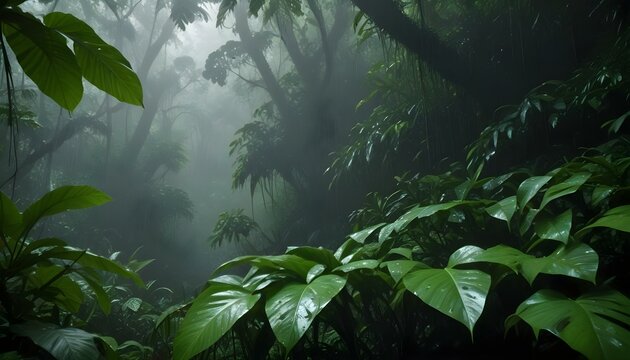 The vibrant green leaves of the rainforest create a lush and mysterious atmosphere.