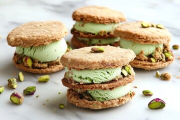 Delicate Pistachio Ice Cream Sandwiches on a Marble Surface