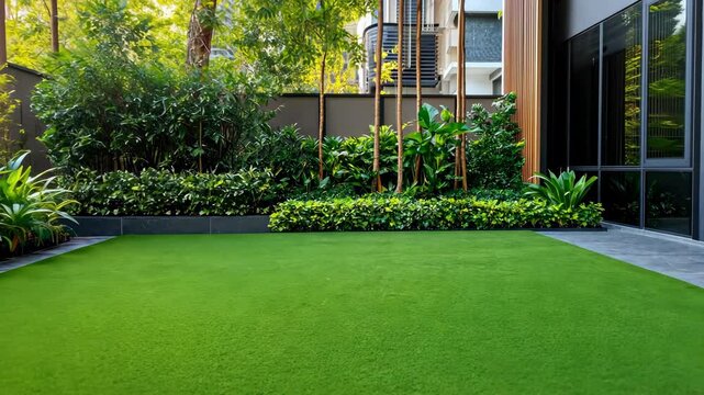 An artificial lawn showcases vibrant green grass among thriving plants, creating a serene outdoor environment perfect for relaxation