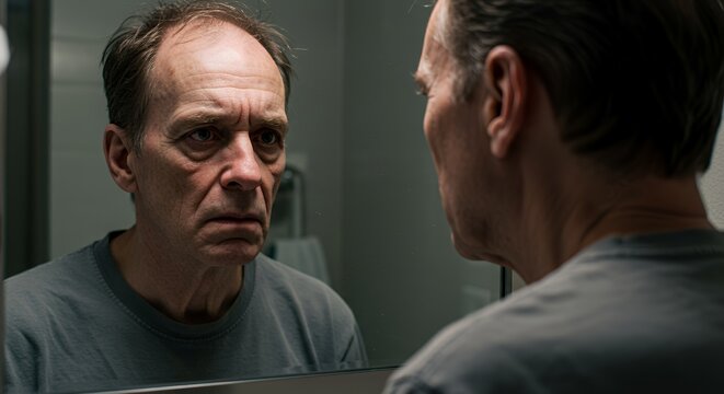 A man gazes intently at his reflection, his face etched with a profound sense of contemplation and introspection, revealing the weight of unspoken