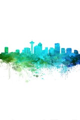 Fototapeta premium Seattle skyline in teal and green watercolor