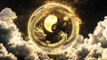 Golden dragon encircles a celestial sphere with a yin-yang symbol.