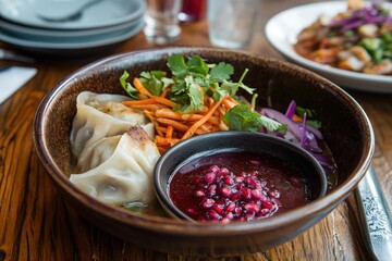 Delicious Asian dumplings with fresh vegetables and savory sauce