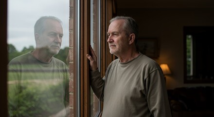 Pensive elderly man gazes out a window, lost in thought, reflecting on life's journey and the passing of time.