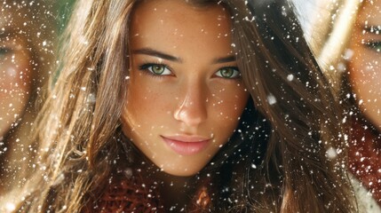 A woman with striking blue eyes and long hair looks directly at the camera amidst falling snowflakes