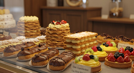 Naklejka premium Display of various delicious pastries and cakes, showcasing a tempting bakery selection.