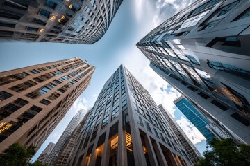 Modern skyscrapers towe into the sky from street level with reflective glass facades and contemporary design structures in an urban downtown area