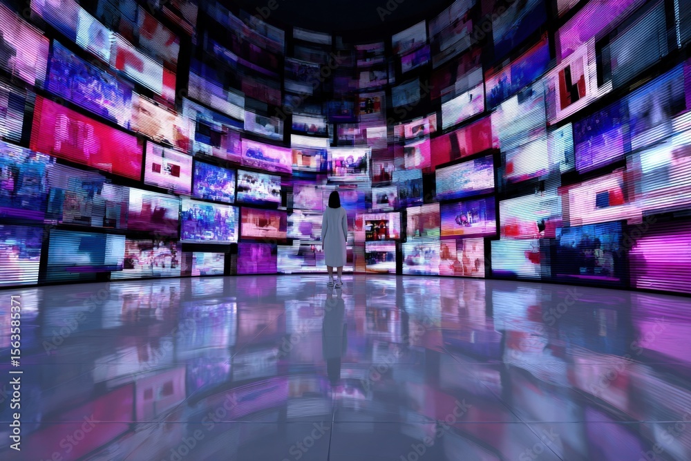 Aufkleber Immersive Digital Art Installation Featu Multiple Large Screens Displaying Dynamic Colorful Video Content in a Modern Exhibition Space