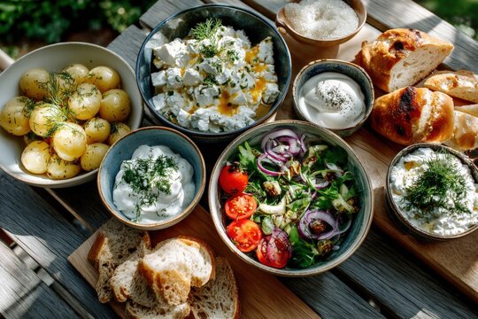 Delicious homemade breakfast spread with fresh salad bread yogurt eggs baked goods and herbs on rustic wooden table