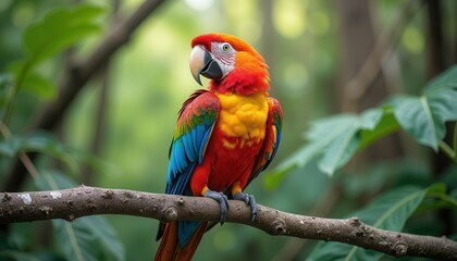 Colorful macaw perched on tree branch in rainforest
