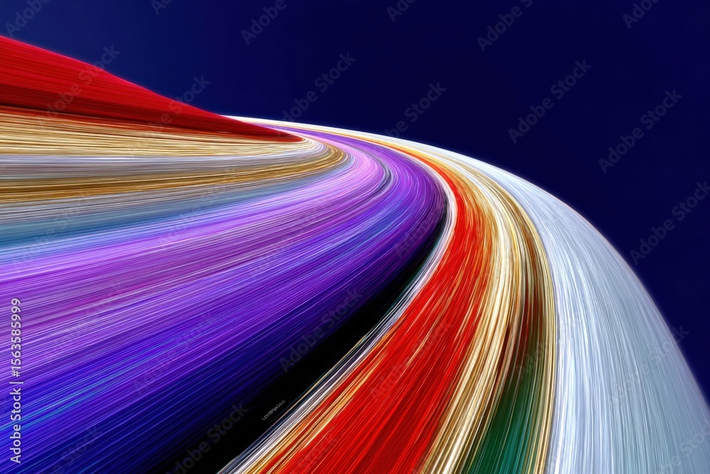 Poster Long exposure photography of colorful light trails flowing in a curved motion against a dark deep blue background creating an abstract dynamic pattern