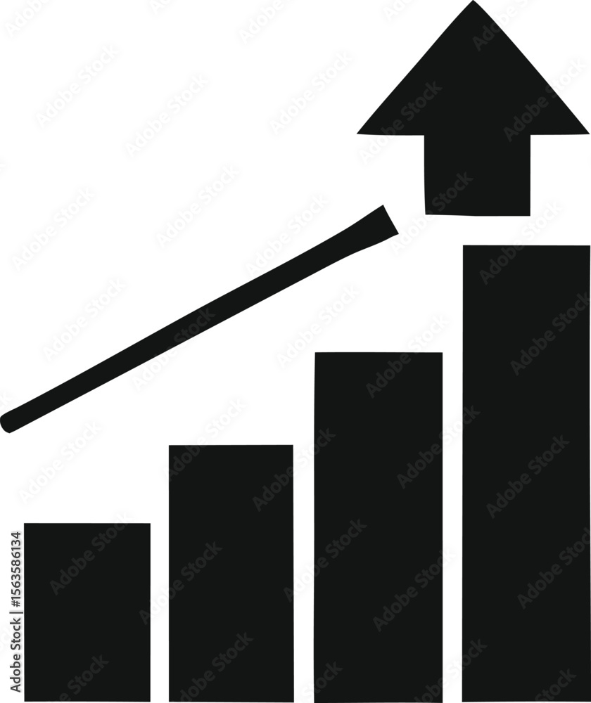 Poster black stylized bar graph with an upward trending arrow and diagonal line symbolizing growth and prog