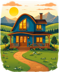 a house with mountains in the background and sun shining on top of it