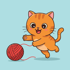 Cute orange cat playing with a ball of yarn in flat vector art