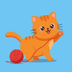 Cute orange cat playing with a ball of yarn in flat vector art
