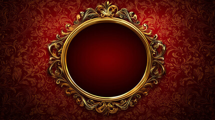 Luxurious Golden Baroque Floral Frame on Red Velvet Background, Elegant Vintage Decorative Wall Ornament for Classic Interior Design