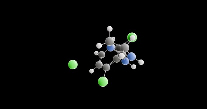 Clonidine hydrochloride molecule, rotating 3D model of hydrochloride salt form of clonidine, looped video on a black background
