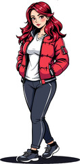 a woman in red jacket and jeans standing on the ground with her arms crossed