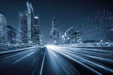 Obraz premium Futuristic cityscape at night with illuminated skyscrapers neon lights digital lines and motion blur highway view