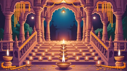 Obraz premium Diwali, Temple steps illuminated by Diwali oil lamps and marigold garlands at night