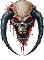 a skull with horns on it ' s head and blood dripping down the side